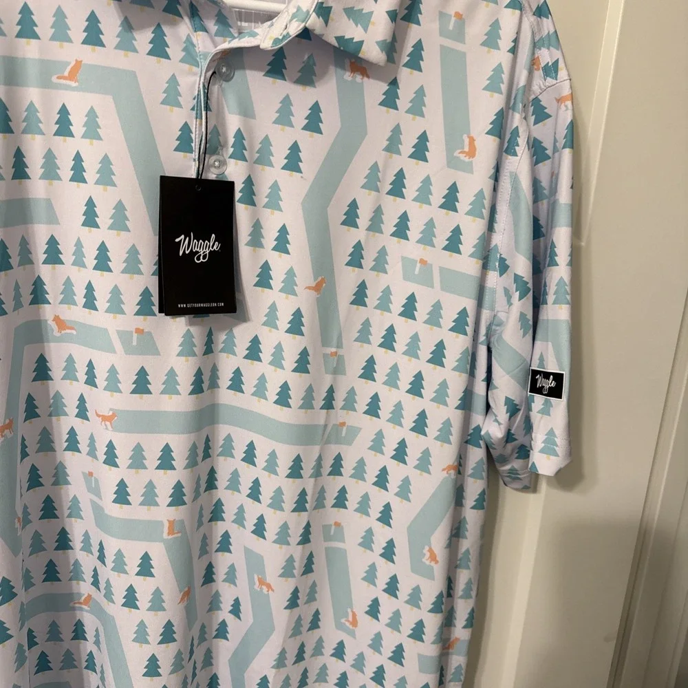 Waggle Golf Polo Men's 2XL White Green Wolf Forest Fairway AOP Performance - NWT - Picture 3 of 5